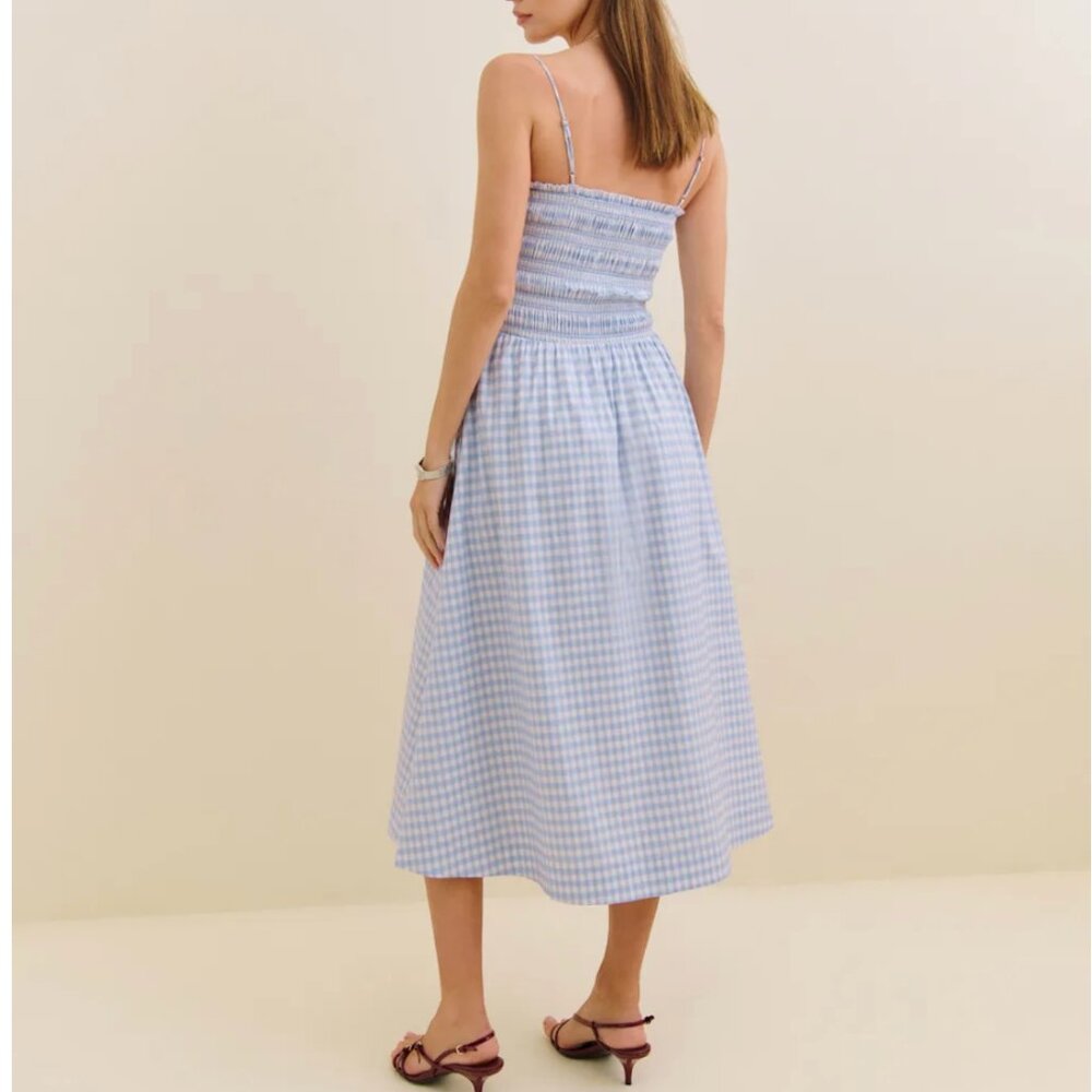 Reformation Kerrie Midi Dress - Crystal Check Blue Ivory Causal Summer Best - Picture 14 of 15